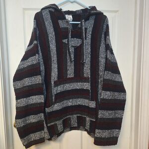 Vel-Mex Red Grey Striped Baja Hoodie Drug Rug Pullover Boho Hippie Size XXL